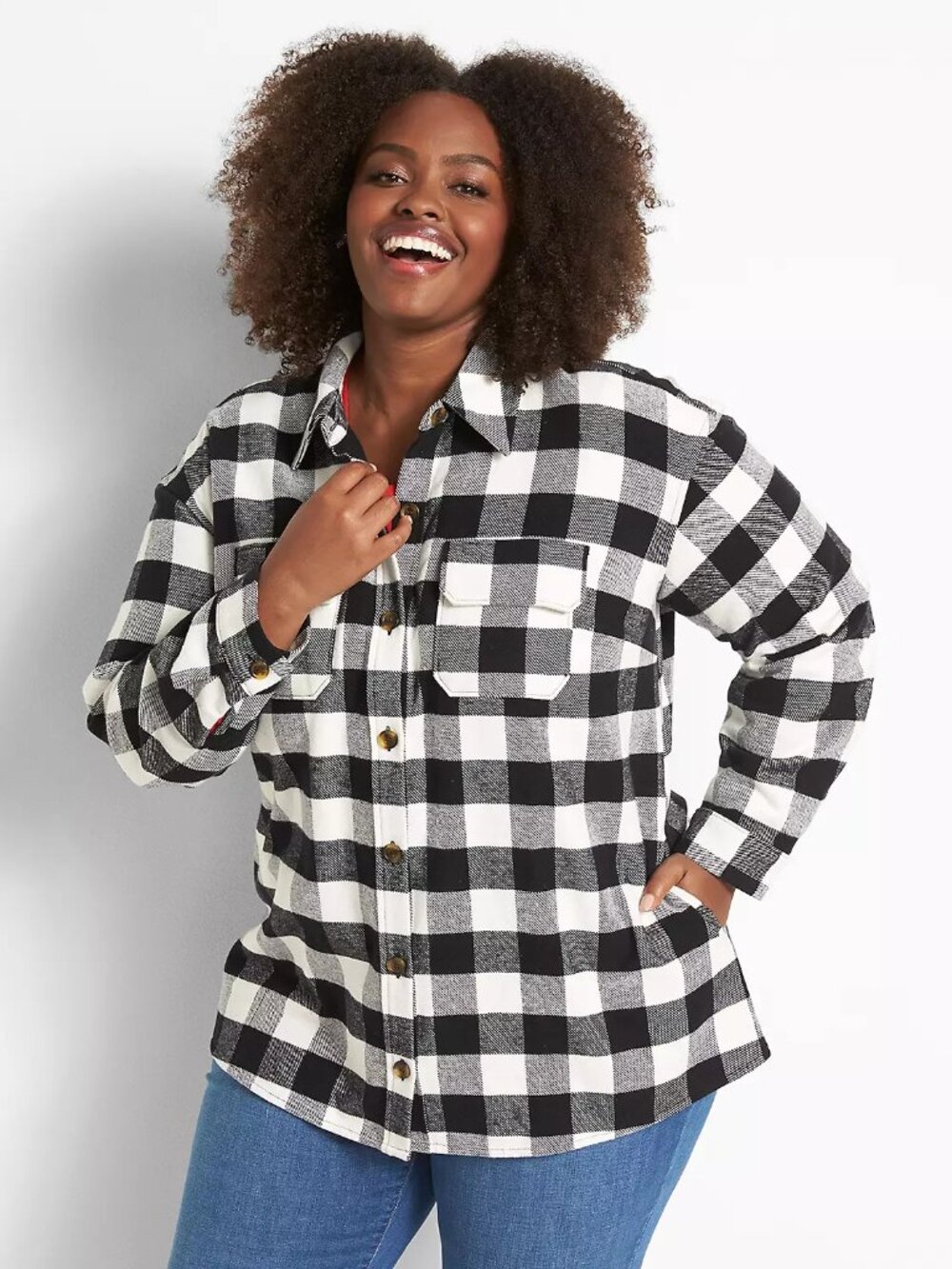 Lane Bryant | Button-Front Shacket | Buffalo Plaid | Black & Cream | 14/16 (1X)